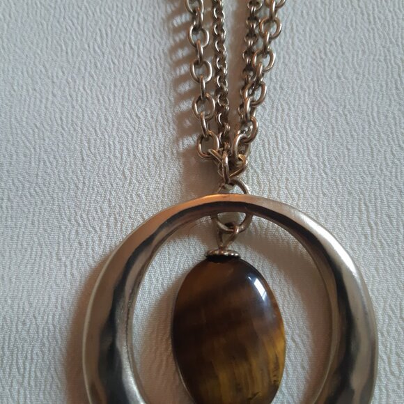 Tiger's Eye Pendant 32" Double Chain Vintage Necklace, Light Gold Tone - Picture 6 of 8